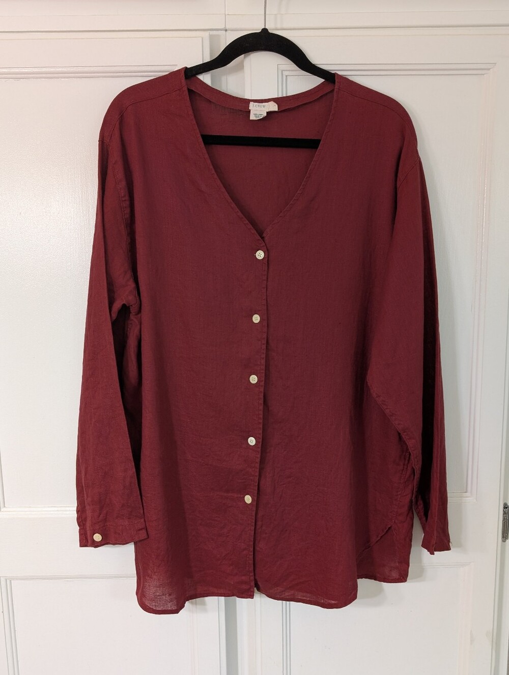 J. Crew 100% Linen‎ Button-Front V-Neck Top in Deep Burgundy
